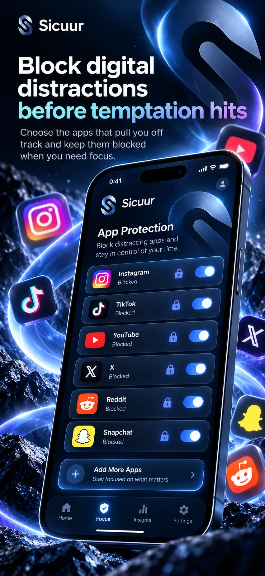 Sicuur blue-glass campaign artwork showing selected distracting apps under optional protection.
