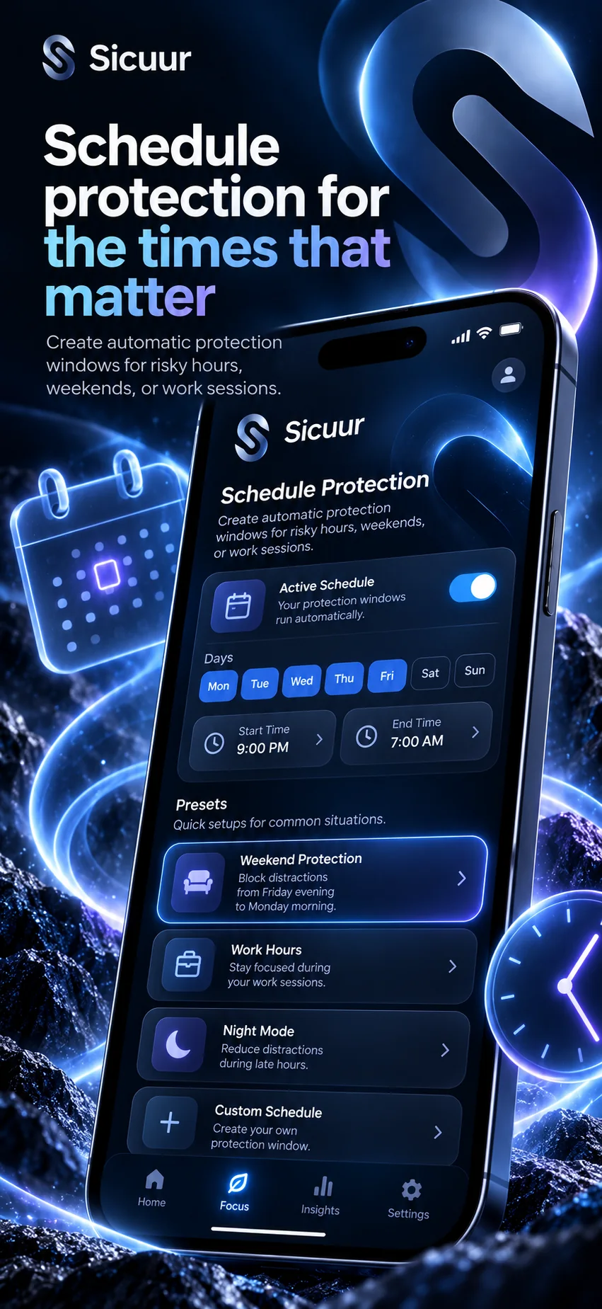 Sicuur blue-glass campaign artwork showing a weekly protection schedule, chosen times and schedule presets.